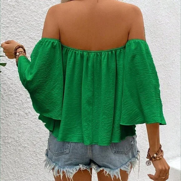 Green Casual Women's Summer Elegant Off Shoulder Blouse - Picture 2 of 7